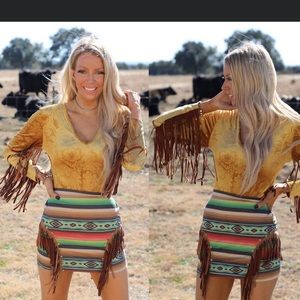 NWT! Golden yellow fringe body suit from lace cactus boutique